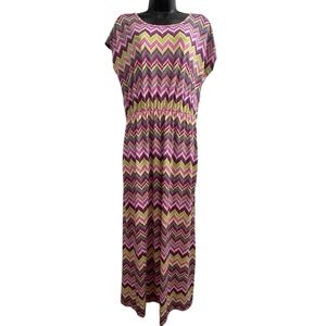 Chevron Patterned Large Maxi Dress. Elastic waist cap sleeves.